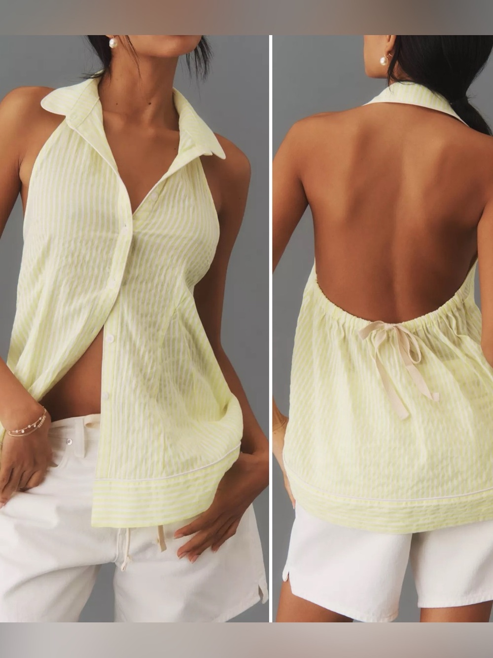 Anthropologie Yellow White Striped Button Front Halter Swing Blouse M Boho Chic